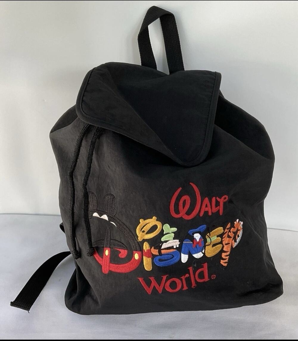 Vintage 90s Walt Disney World Embroidered Mickey Drawstring Backpack Black Bag